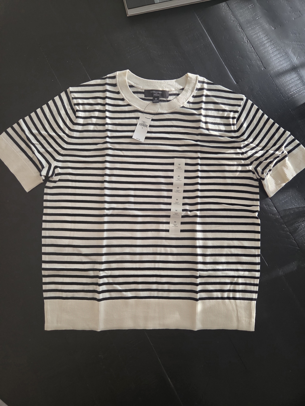 Banana Republic Black and Cream Striped Short Sleeve Top